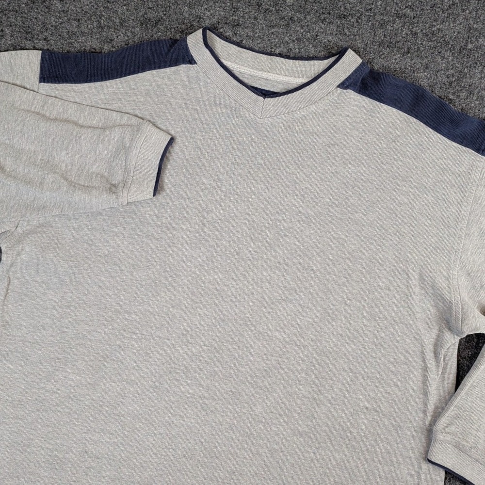 Jansport Mens Large Ribbed Knit Long Sleeve Shirt Gray Navy Blue Colorblock